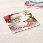 Cute Santa and Rudolph Festive Holiday Coasters スクエアペーパーコースター (アングル)