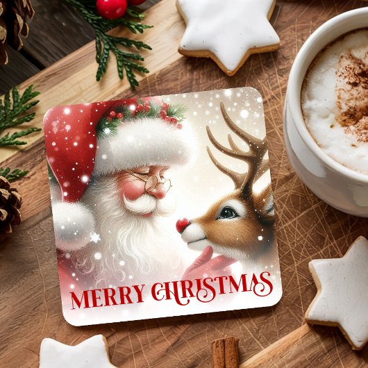 Cute Santa and Rudolph Festive Holiday Coasters スクエアペーパーコースター
