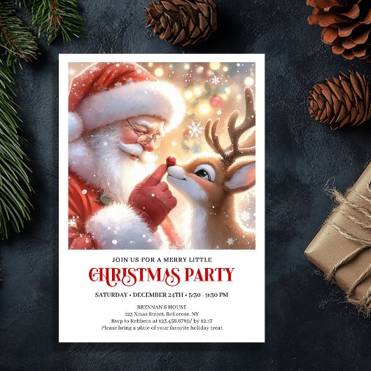 Cute Santa and Rudolph Holiday Party Invitation 招待状