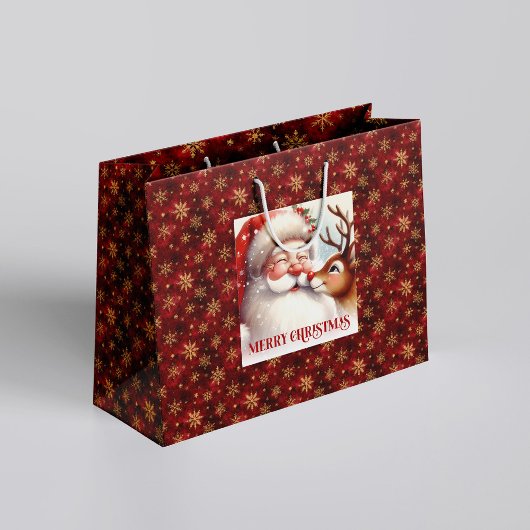 Cute Santa and Rudolph Kids Christmas Gift Bags ラージペーパーバッグ