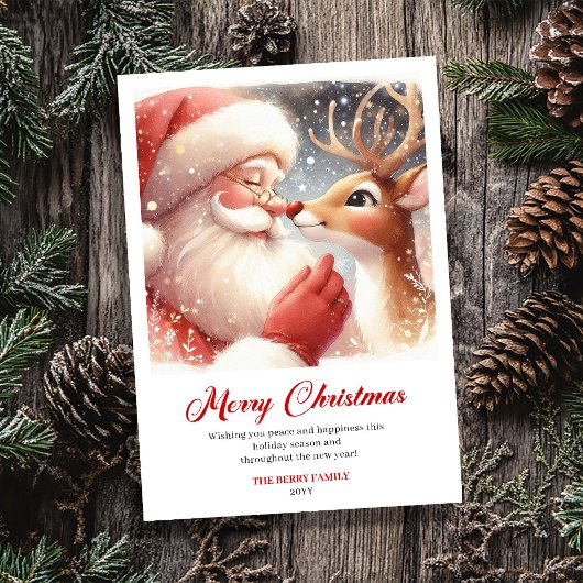 Cute Santa And Rudolph Merry Holiday Greeting Card シーズンカード