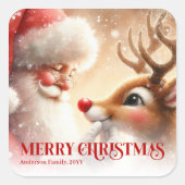 Cute Santa and Rudolph Personalized Holiday Kids  スクエアシール (正面)