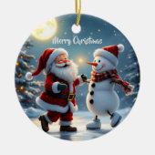 Cute Santa and snowman dancing on ice in winter セラミックオーナメント (正面)