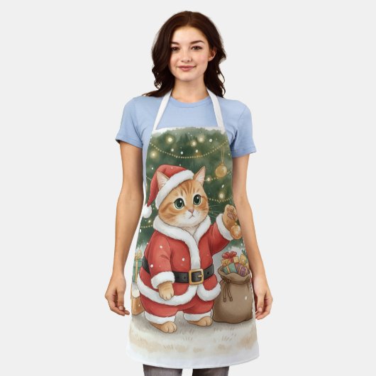 Cute Santa Cat Christmas Apron for Cat Lovers エプロン (着用した状態)