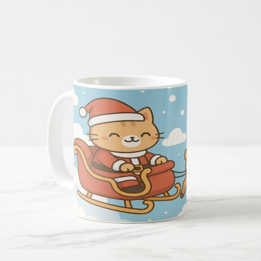 Cute Santa Cat Flying Sleigh Christmas Mug コーヒーマグカップ (正面左)