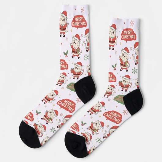 Cute Santa Cat Pattern "Merry Christmas" Holiday  ソックス (左)