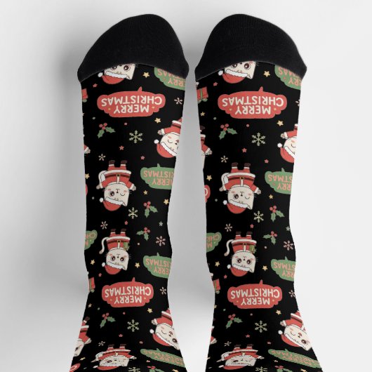 Cute Santa Cat Pattern "Merry Christmas" Holiday  ソックス (上部)