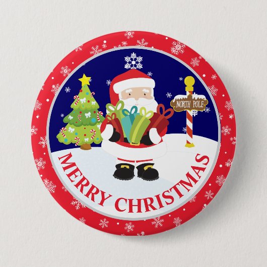 Cute Santa Claus and Snowy Scene Christmas 缶バッジ (正面)