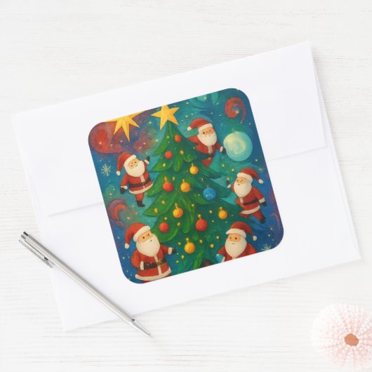 Cute Santa Claus Christmas Tree Illustration スクエアシール (封筒)