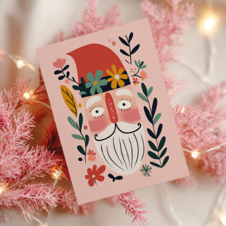Cute Santa Claus Retro Floral Pink Merry Christmas ポストカード