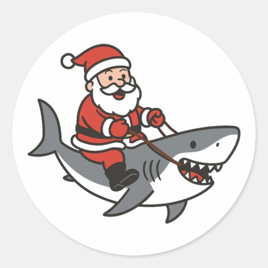 Cute Santa Claus Riding a Shark Funny Christmas ラウンドシール (正面)