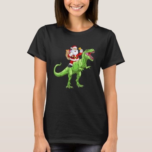 Cute Santa Claus Riding Dinosaur rex Boys Christma Tシャツ (正面)