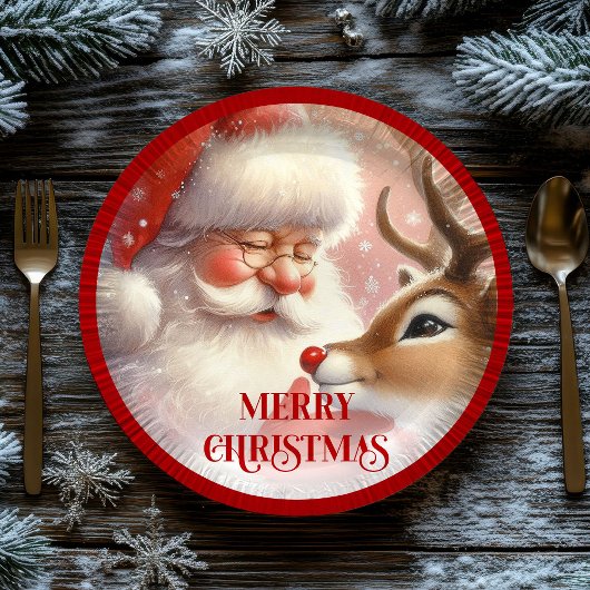 Cute Santa Claus Rudolph Holiday Paper Plates ペーパープレート