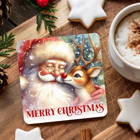 Cute Santa Claus Rudolph Kids Christmas Coasters スクエアペーパーコースター