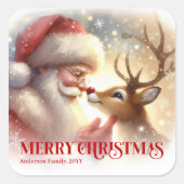 Cute Santa Claus Rudolph Personalized Holiday Kids スクエアシール (正面)