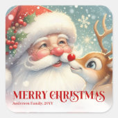 Cute Santa Claus Rudolph Personalized Holiday Kids スクエアシール (正面)