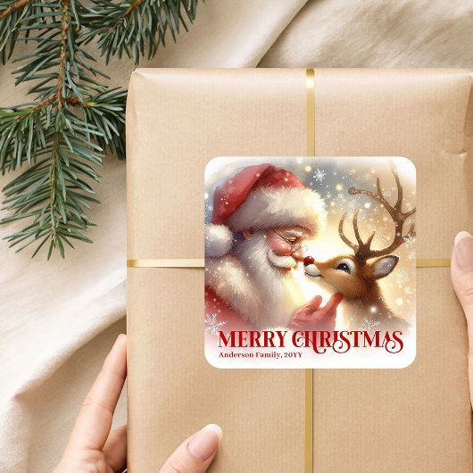 Cute Santa Claus Rudolph Personalized Holiday Kids スクエアシール