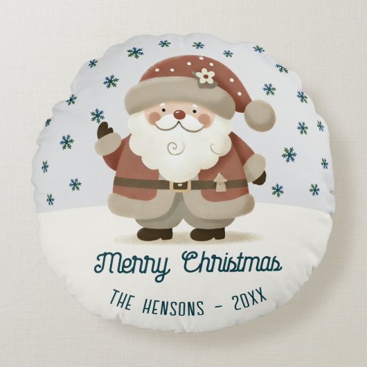 Cute Santa Clause Snowflakes Drawing Christmas ラウンドクッション (正面)