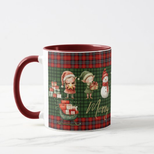 Cute Santa Elves Merry Christmas Green Red Plaids  マグカップ (左)