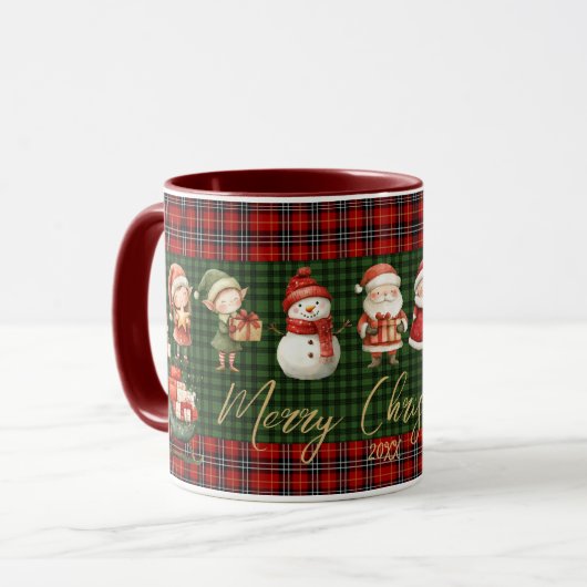 Cute Santa Elves Merry Christmas Green Red Plaids  マグカップ (正面左)