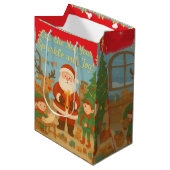 Cute Santa & Elves New Year Holiday Card ミディアムペーパーバッグ (正面アングル)