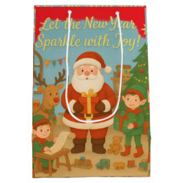 Cute Santa & Elves New Year Holiday Card ミディアムペーパーバッグ