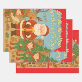 Cute Santa & Elves New Year Holiday Card ラッピングペーパーシート