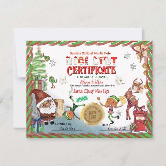Cute Santa Elves Official Nice List Certificate  招待状 (正面)
