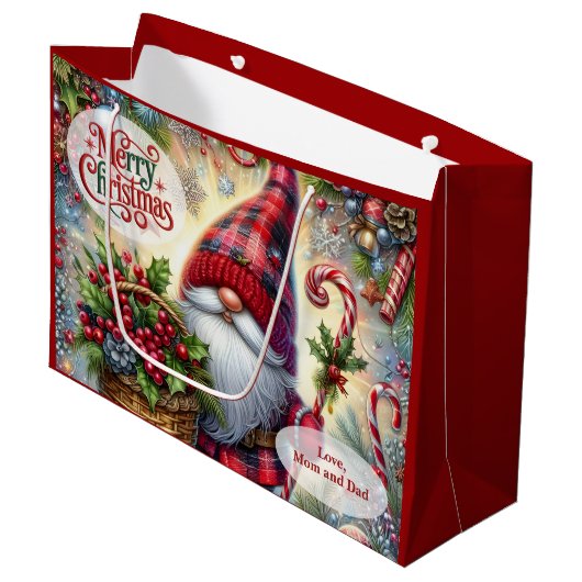 Cute Santa Gnome Christmas ラージペーパーバッグ (正面アングル)