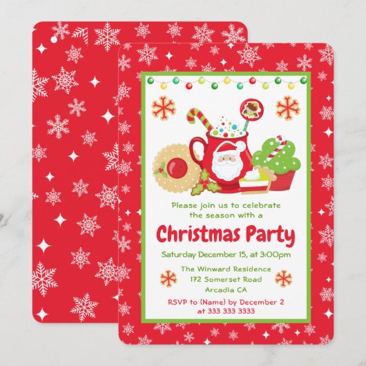 Cute Santa Mug & Cookies Christmas Party 招待状 (正面/裏面)