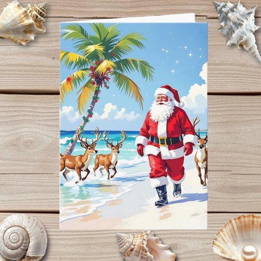 Cute Santa on Beach and Photo Template Christmas シーズンカード