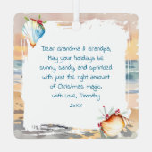 Cute Santa on Beach with Reindeer Personalized メタルオーナメント (裏面)