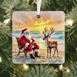 Cute Santa on Beach with Reindeer Personalized メタルオーナメント