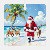 Cute Santa on Beach with Reindeer Personalized メタルオーナメント (正面)