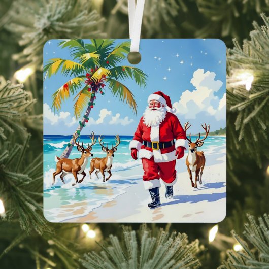 Cute Santa on Beach with Reindeer Personalized メタルオーナメント (インサイチュ)
