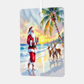 Cute Santa on Beach with Reindeer Personalized メタルオーナメント (正面左)