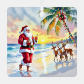 Cute Santa on Beach with Reindeer Personalized メタルオーナメント (正面)