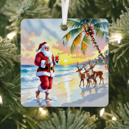 Cute Santa on Beach with Reindeer Personalized メタルオーナメント