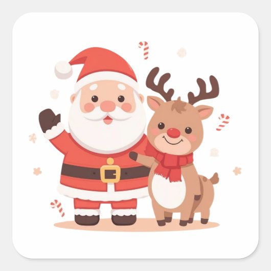 Cute Santa & Reindeer Christmas Sticker スクエアシール (正面)
