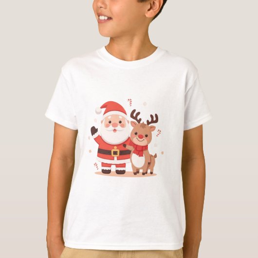 Cute Santa & Reindeer Christmas T-Shirt Tシャツ (正面)