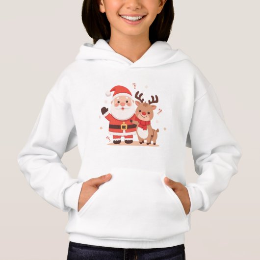 Cute Santa & Reindeer Kids Christmas Hoodie (正面)