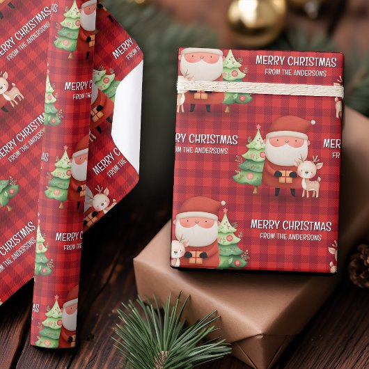 Cute Santa Reindeer Merry Christmas Name Red ラッピングペーパー