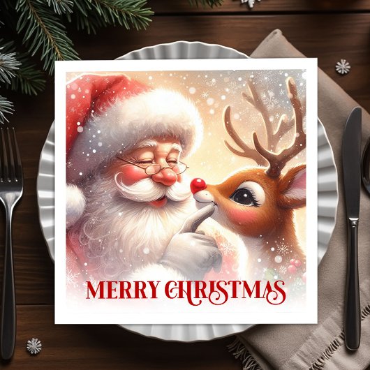 Cute Santa Rudolph Christmas Dinner Napkins スタンダードカクテルナプキン