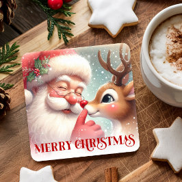 Cute Santa Rudolph Xmas Coaster Kids Cartoon Art スクエアペーパーコースター
