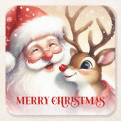 Cute Santa Rudolph Xmas Coaster Watercolor Design スクエアペーパーコースター (正面)