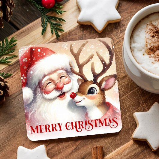 Cute Santa Rudolph Xmas Coaster Watercolor Design スクエアペーパーコースター