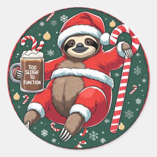 Cute Santa Sloth on Candy Cane with Hot Cocoa ラウンドシール (正面)