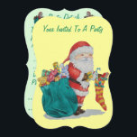cute santa with sack getting ready for christmas 招待状<br><div class="desc">This original christmas invitation has a picture of Santa Claus with his sack filled with gifts all wrapped and ready for the Christmas day delivery, you can see a yellow teddy with a red bow and a blue bunny just poking out of the top of the green sack. Father christmas...</div>