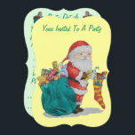 cute santa with sack getting ready for christmas 招待状<br><div class="desc">This original christmas invitation has a picture of Santa Claus with his sack filled with gifts all wrapped and ready for the Christmas day delivery, you can see a yellow teddy with a red bow and a blue bunny just poking out of the top of the green sack. Father christmas...</div>
