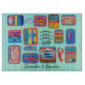 Cute sardines cans crustaceans blue striped カッティングボード (正面)
